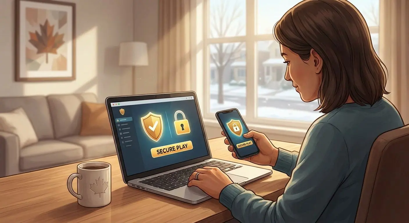 Secure online play in Canada with safety icons and subtle national context