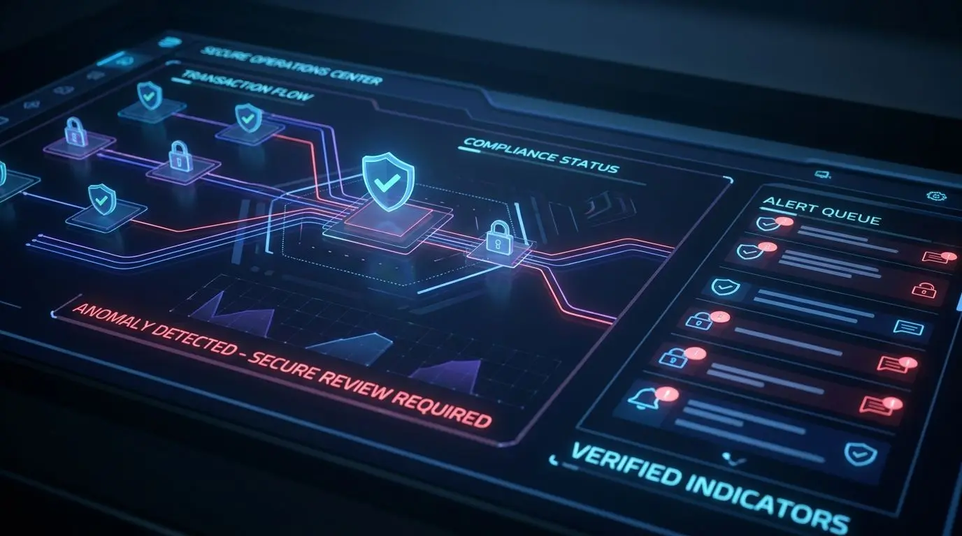 Transaction monitoring interface with compliance checks and secure review markers