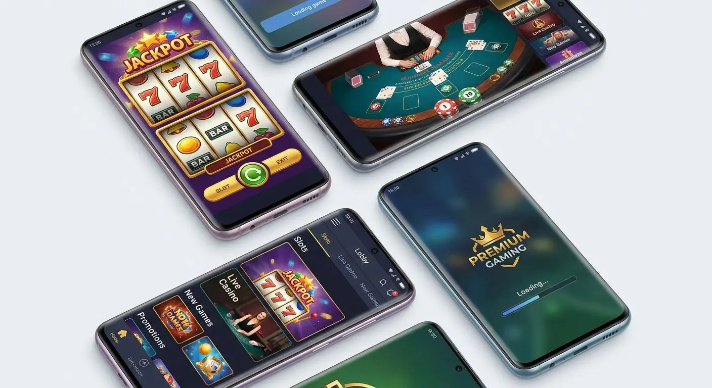 Android collage showing mobile slots, live tables, and game lobby screens