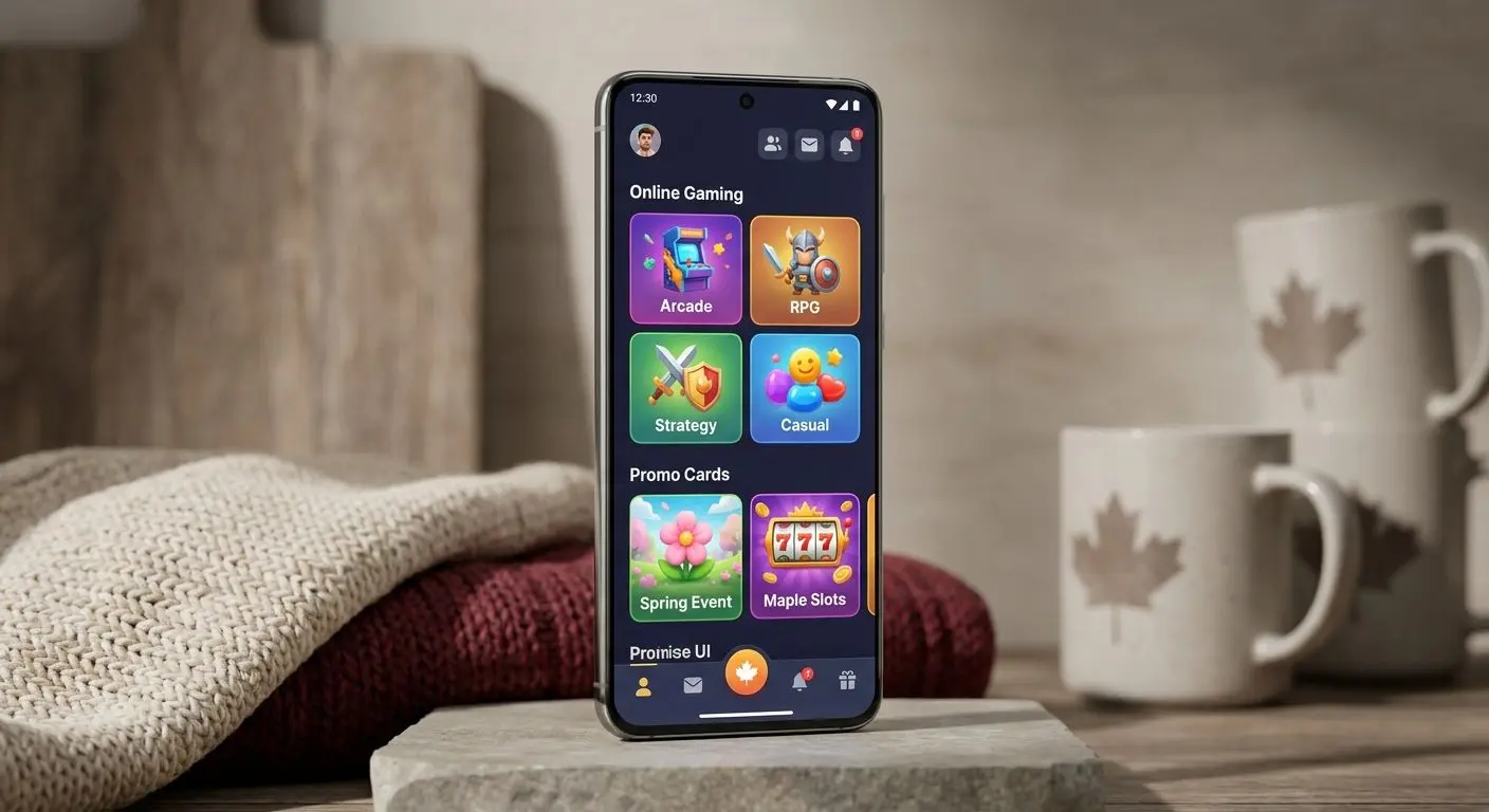 Android phone mockup with PlayOJO mobile-style home screen for Canadian users