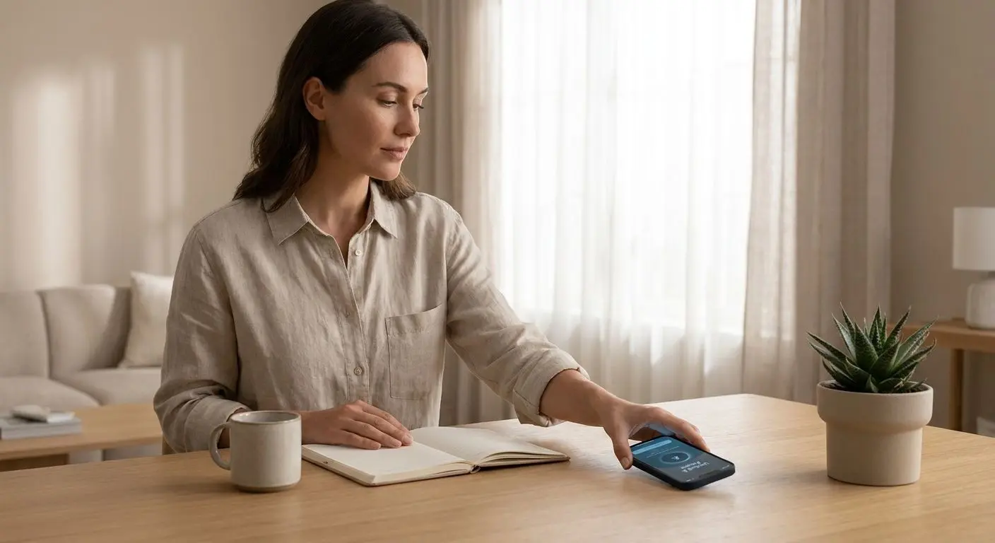 Person pausing mobile play on smartphone in a calm responsible gaming scene
