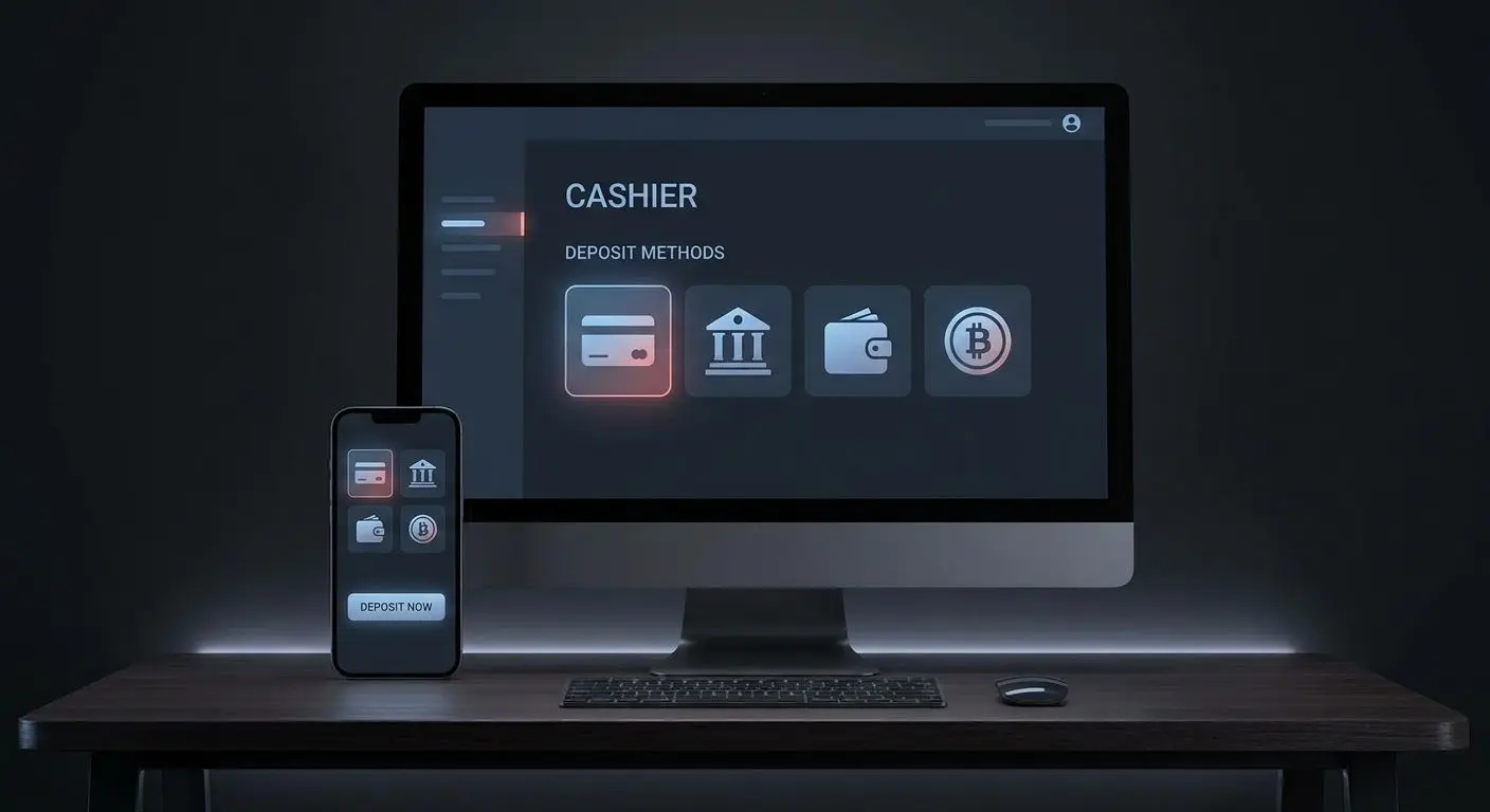 Desktop and mobile cashier screen with deposit method icons