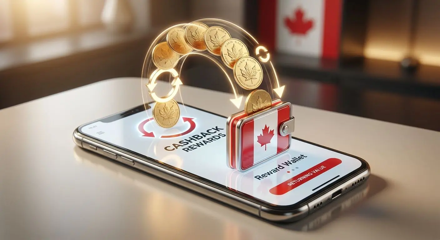 Cashback reward visual with coins and return arrows