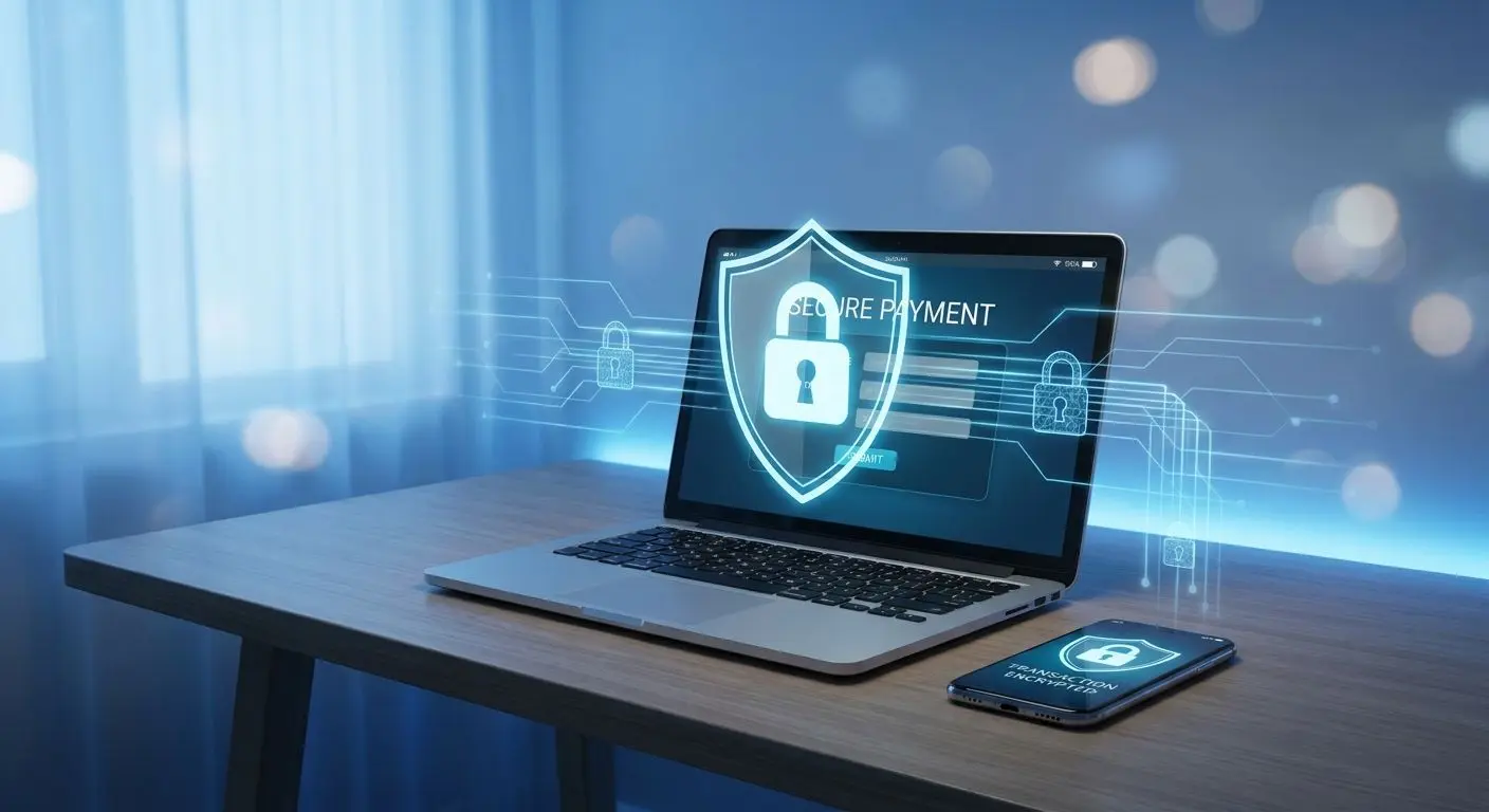 Secure online payment concept with lock, shield and protected devices
