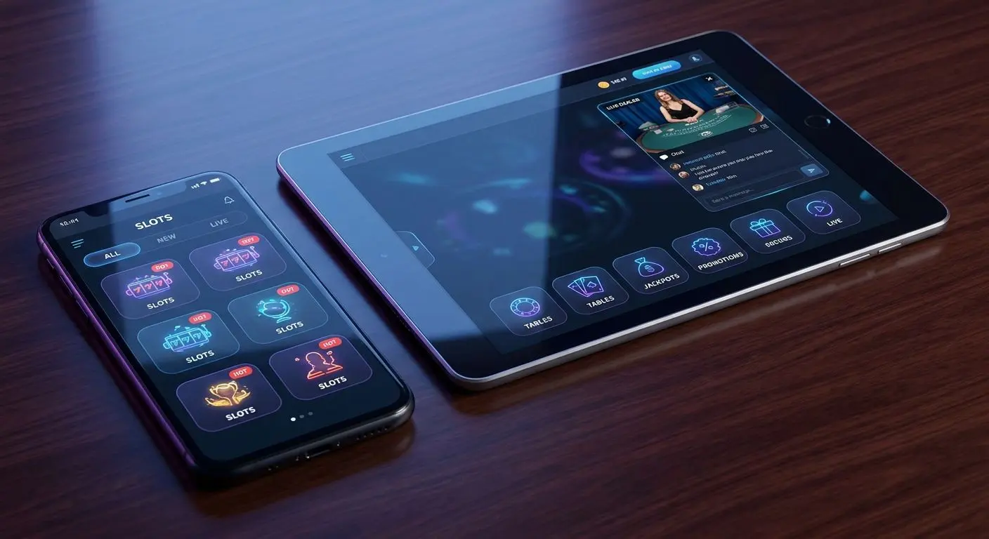 PlayOJO Mobile Games Experience Mobile and tablet screens showing an online games lobby on iOS and Android