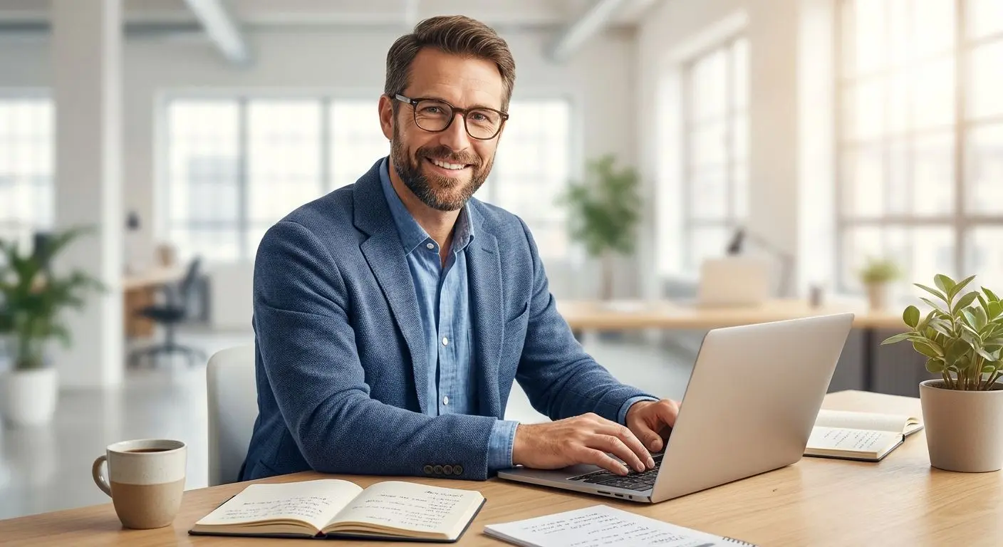 Professional editorial illustration of a copywriter at a desk
