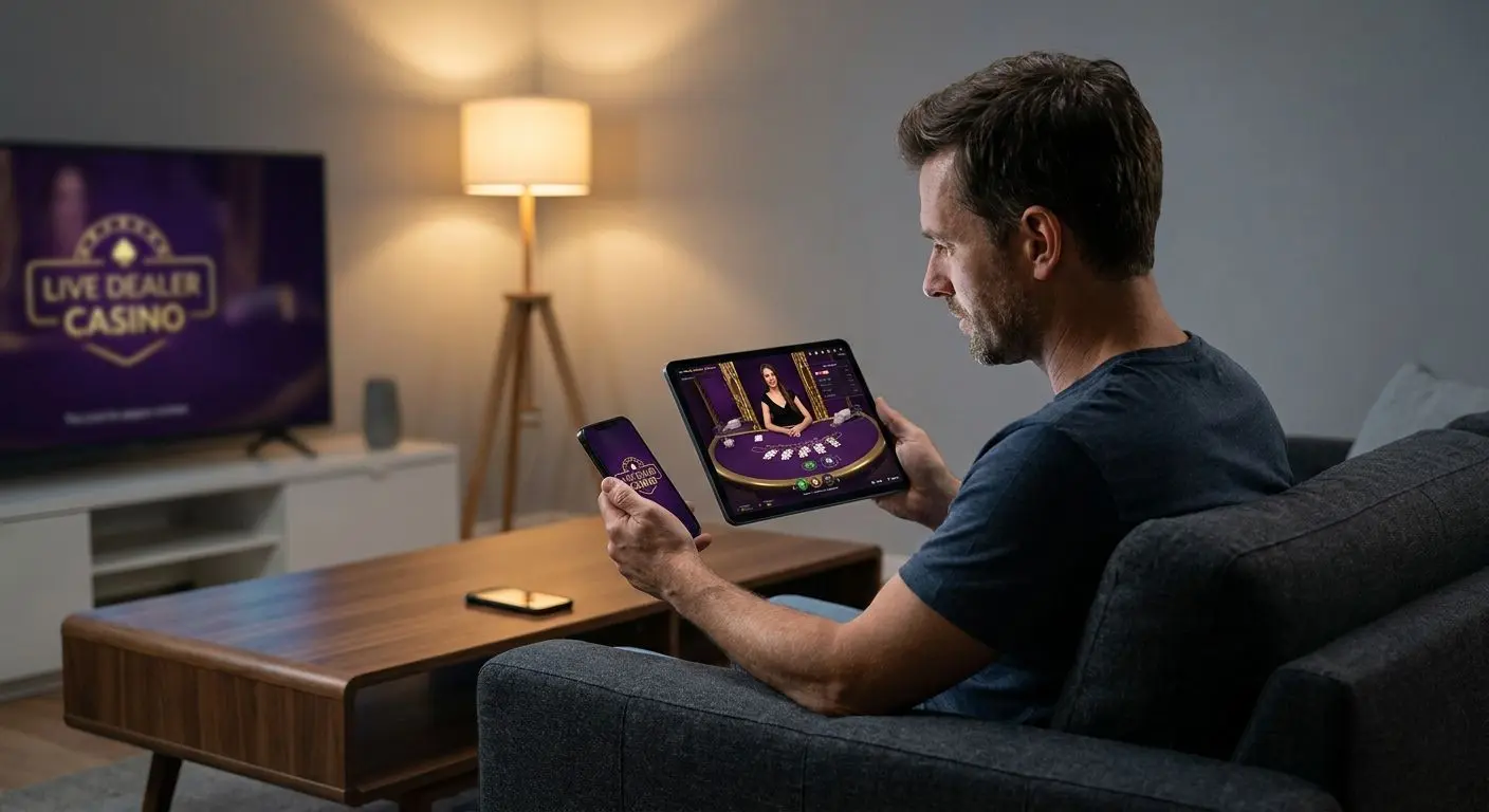 Player using mobile device to access live dealer style games