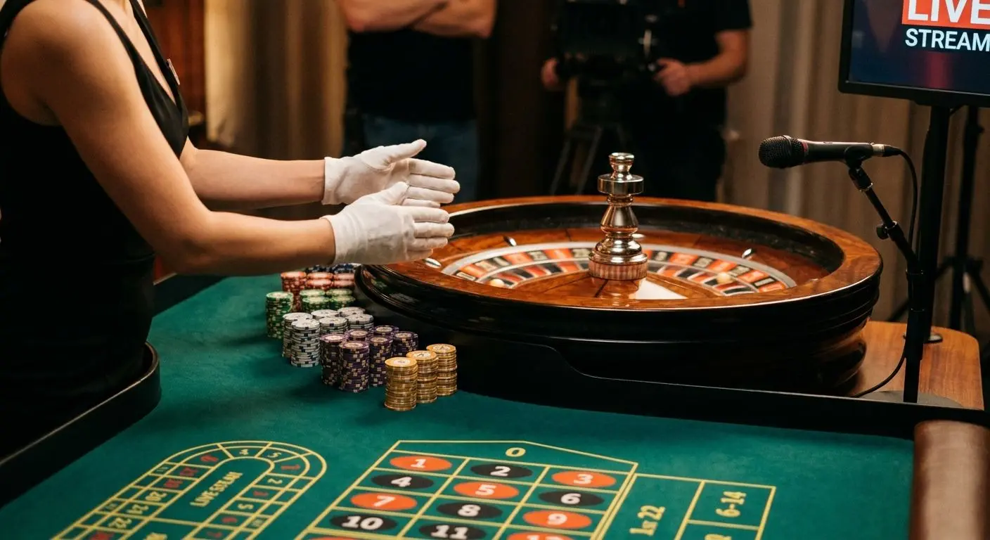 Close-up of live roulette table with dealer and spinning wheel