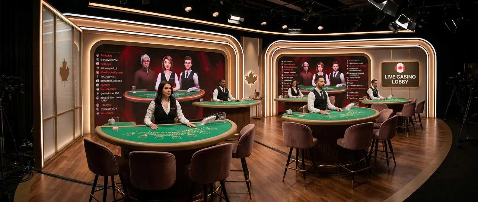 Modern live dealer studio with multiple tables and Canadian-inspired atmosphere