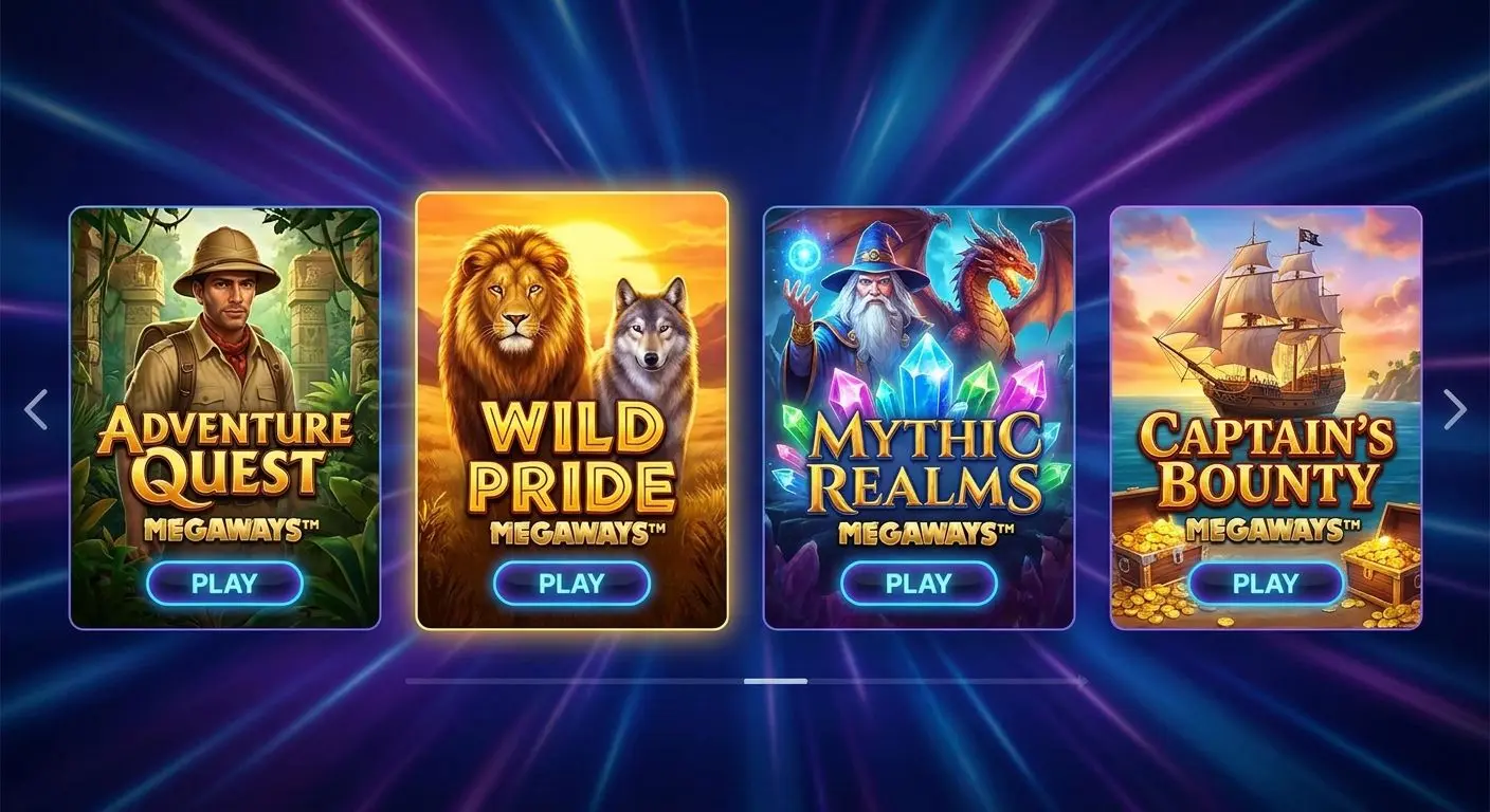 Featured Megaways-style game covers in adventure, animal and treasure themes