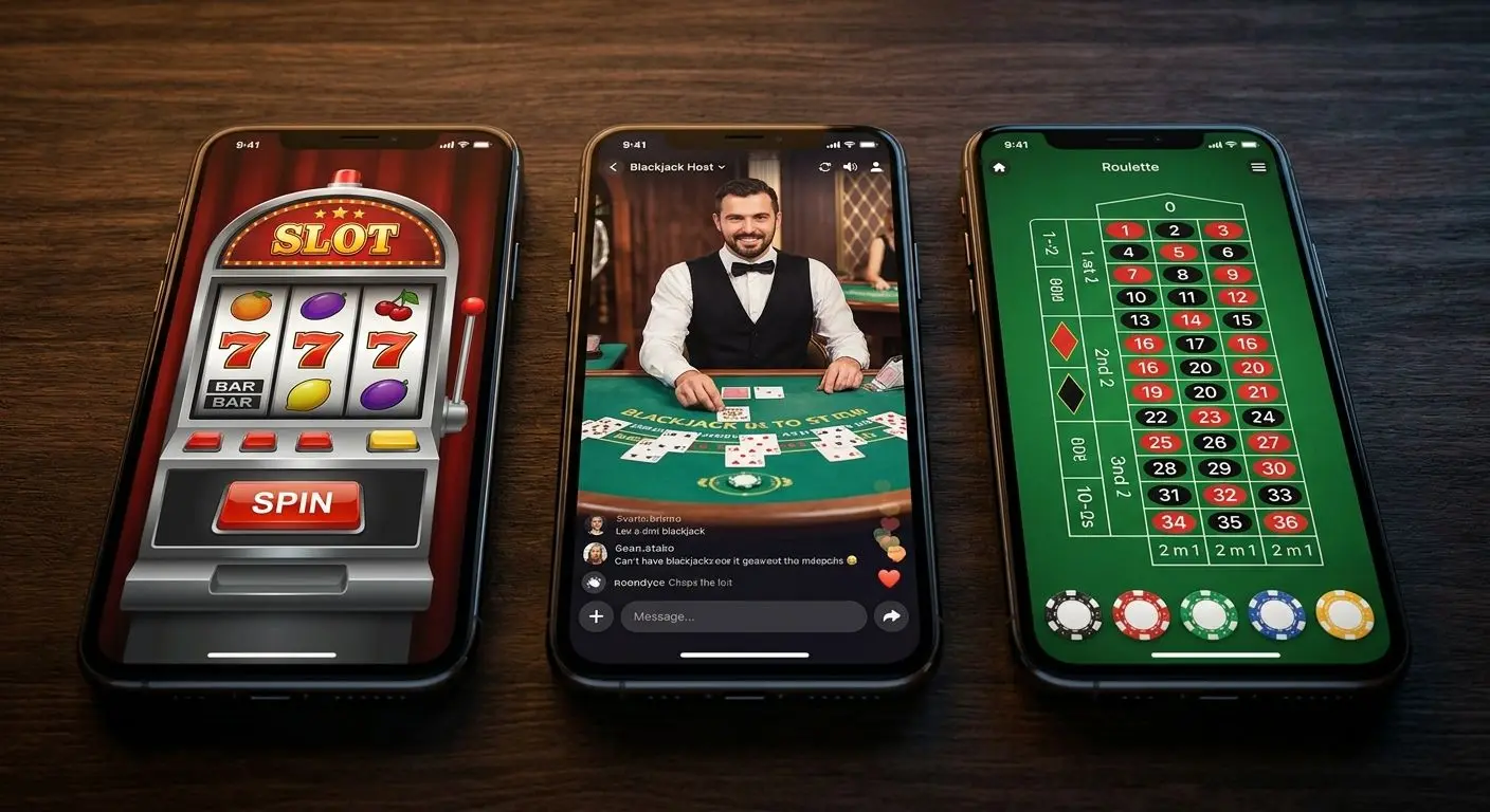 Multiple mobile devices showing different game types on PlayOJO mobile