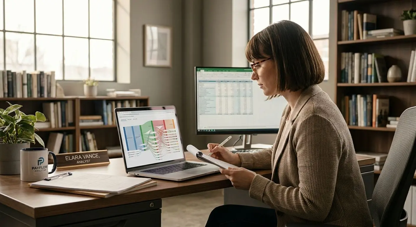 Expert reviewing digital payment information at a desk