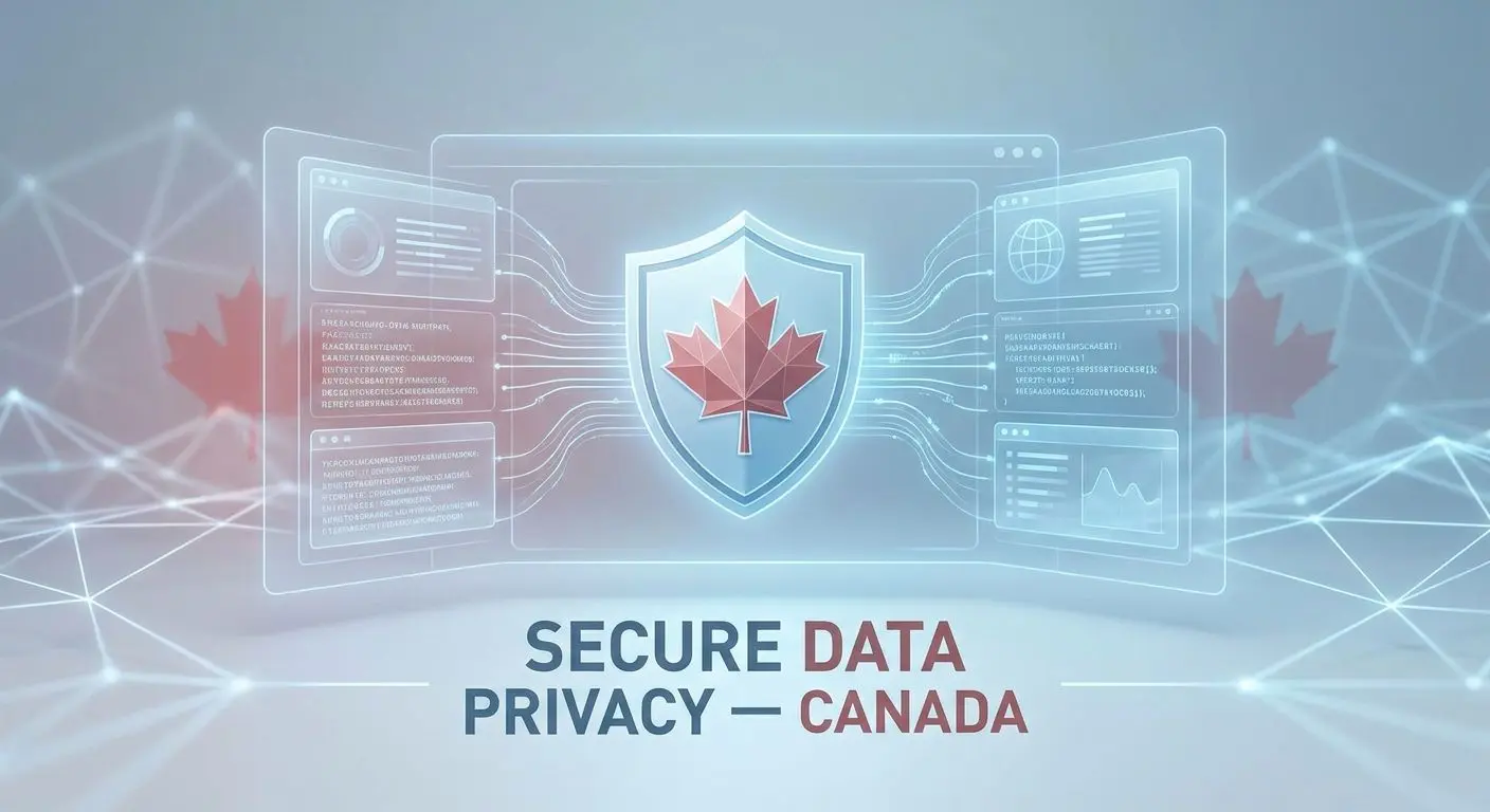 Secure data privacy concept with Canadian elements and encrypted online platform visuals