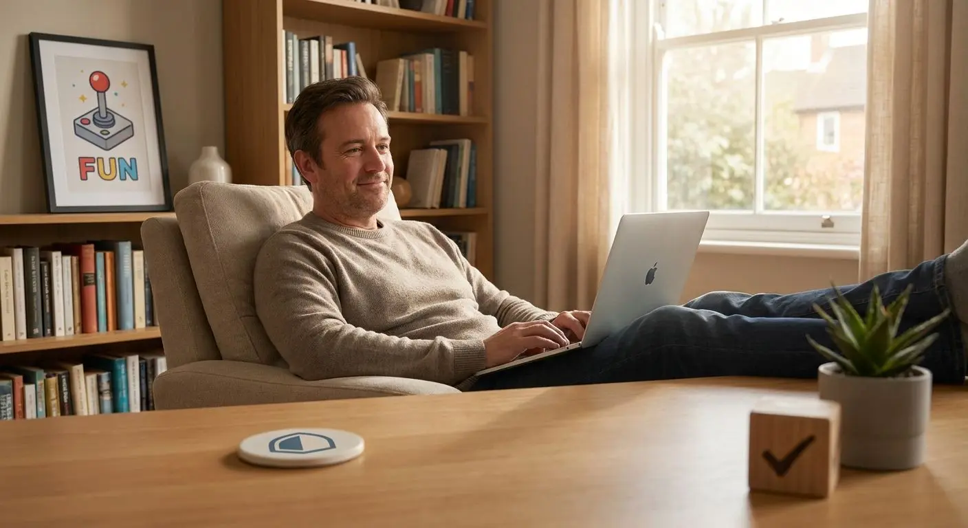 What Responsible Play Means at PlayOJO Relaxed player using a laptop with safe play symbols around them