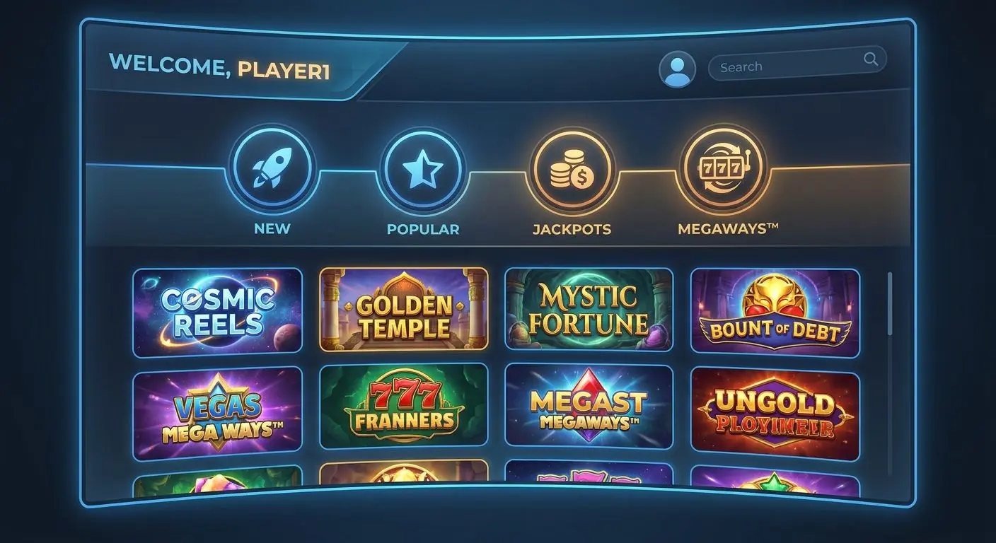 Slots lobby with category navigation for new popular jackpots and Megaways