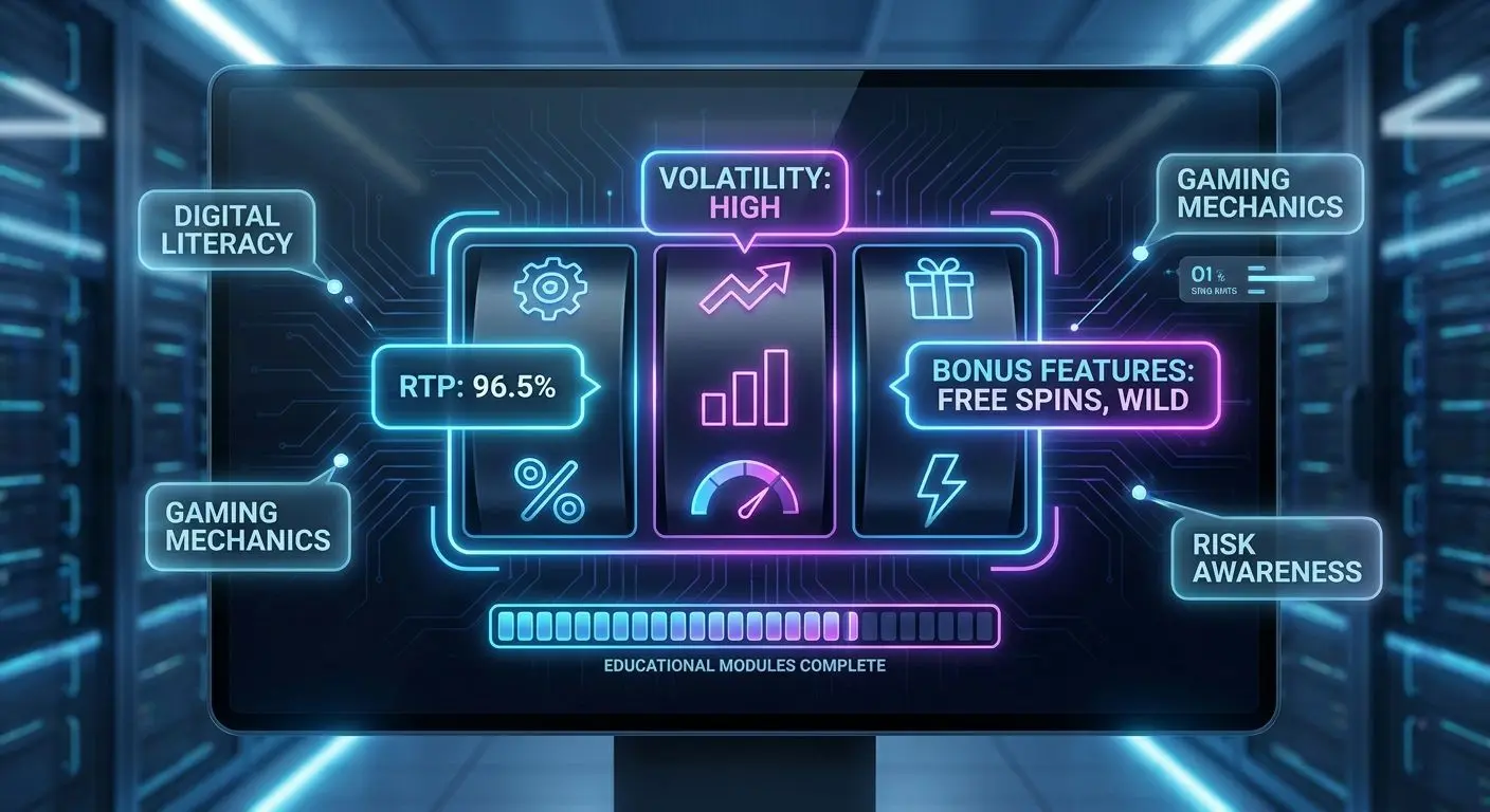 Slot reels infographic showing RTP volatility and bonus features