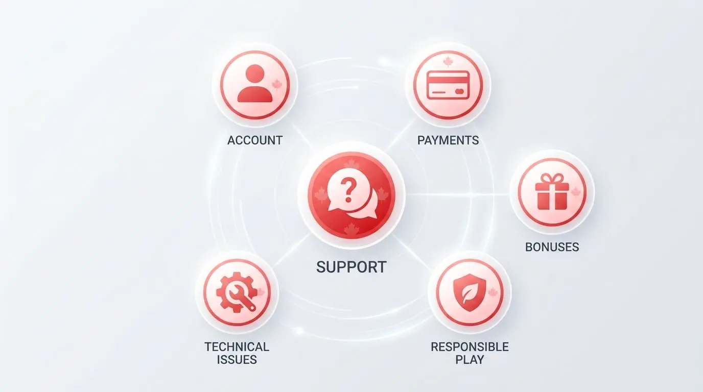 Support topics including account payments bonuses and responsible play