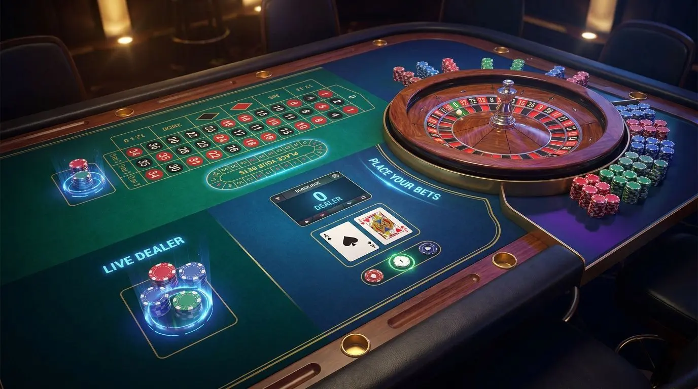 Mix of blackjack, roulette and chips representing PlayOJO table games