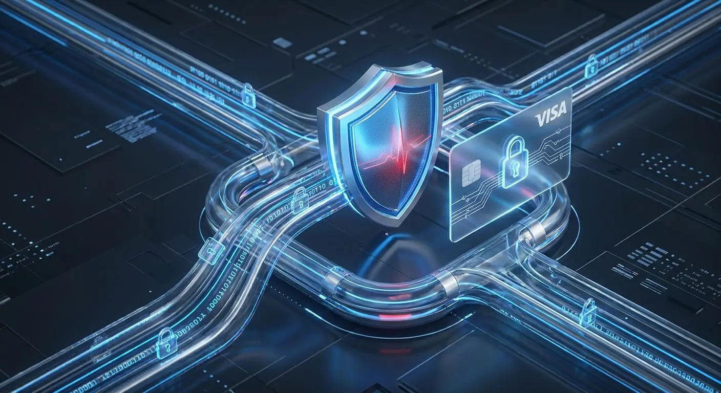 Digital security shield with payment card and lock icon