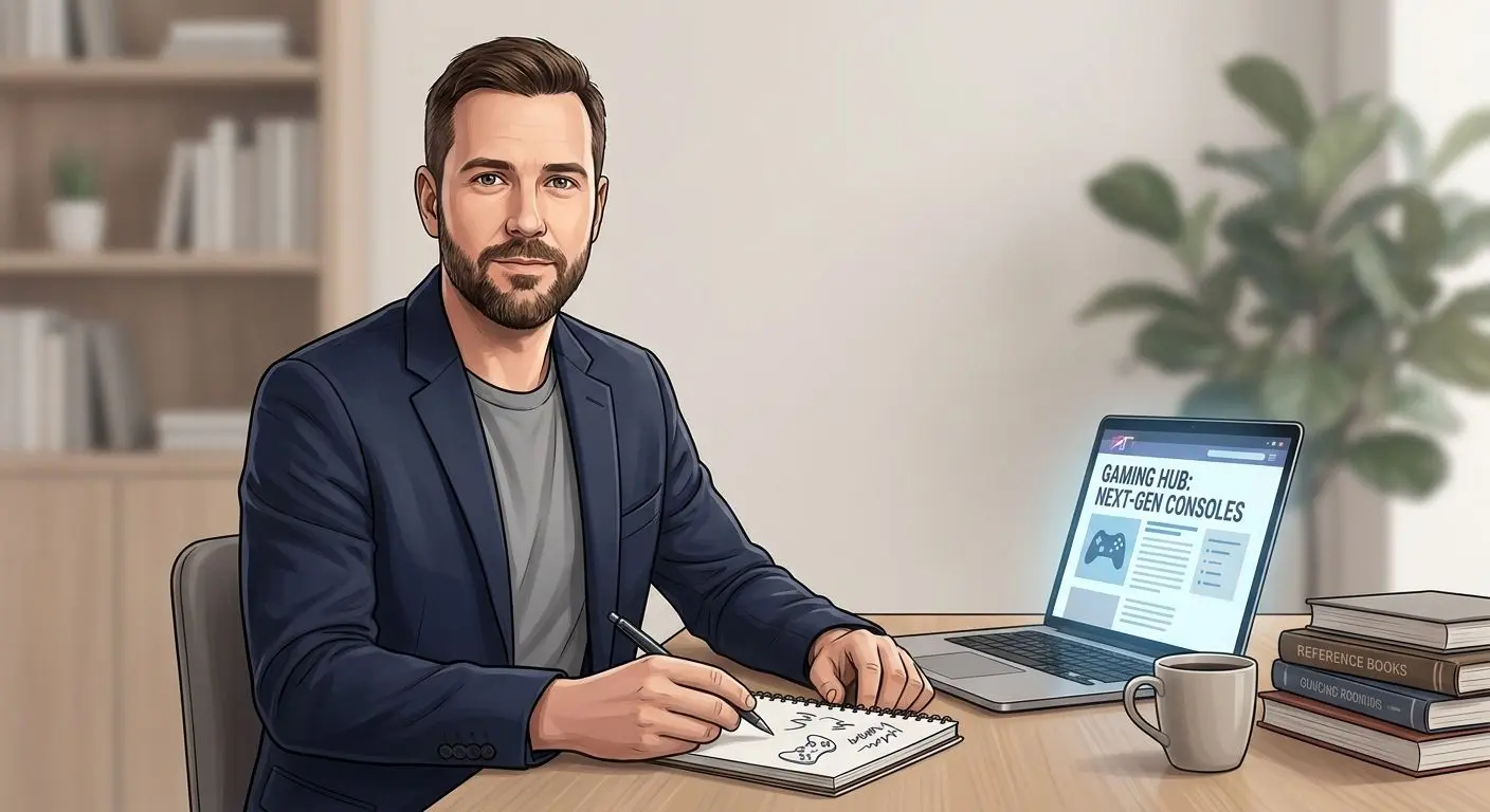 Author avatar illustration in a modern workspace